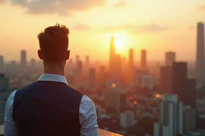 Jeune professionnel confiant au sommet d'un rooftop au lever du soleil