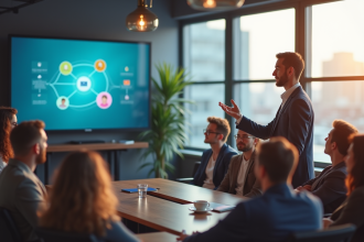Jeune professionnel confiant présentant un pitch dans un bureau moderne