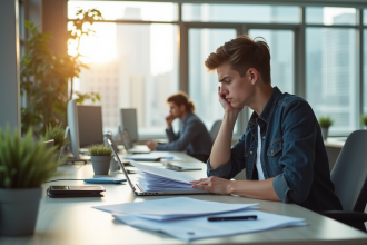 Jeune stagiaire stressé au bureau avec papiers