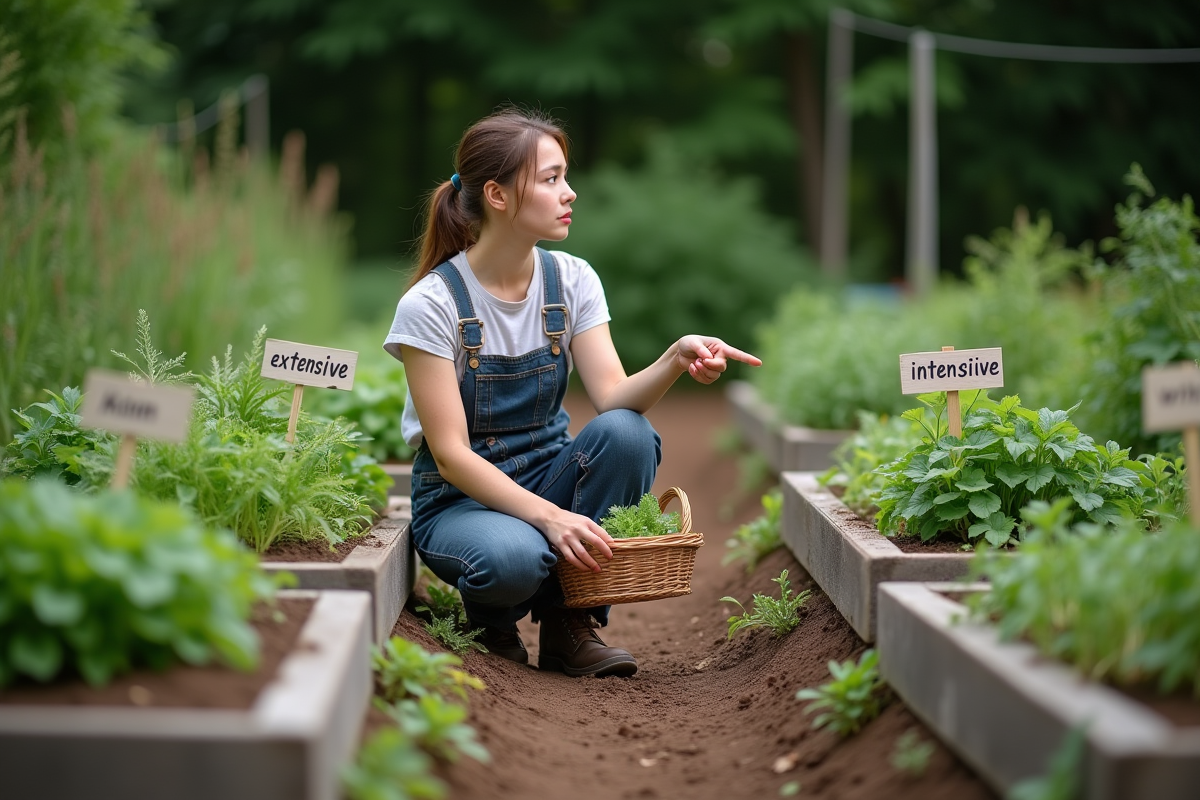 Jeune femme dans un jardin potager avec récolte et parcelles