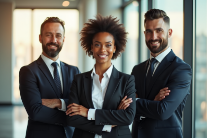 Trois leaders d'entreprise divers en réunion dans un bureau moderne