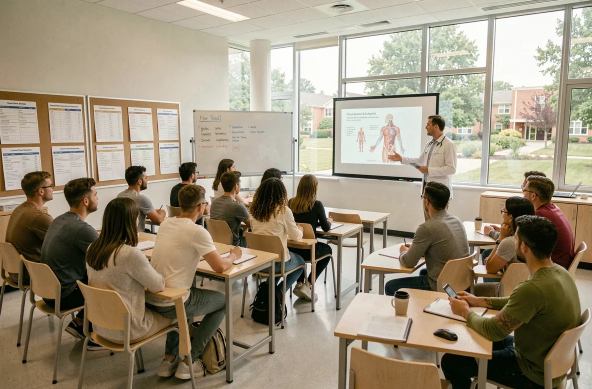 Classe de formation en secteur paramédical et tertiaire au Lycée Anne Veaute et CFA d'Albi, avec un formateur devant une projection anatomique