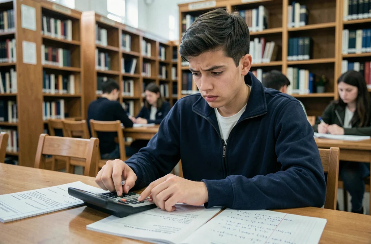 Lycéen utilisant une calculatrice scientifique pour calculer ses moyennes avec coefficient dans une bibliothèque scolaire