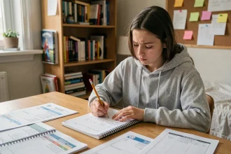 Lycéenne calculant sa moyenne avec coefficient sur un carnet scolaire posé sur un bureau en bois entouré de bulletins de notes