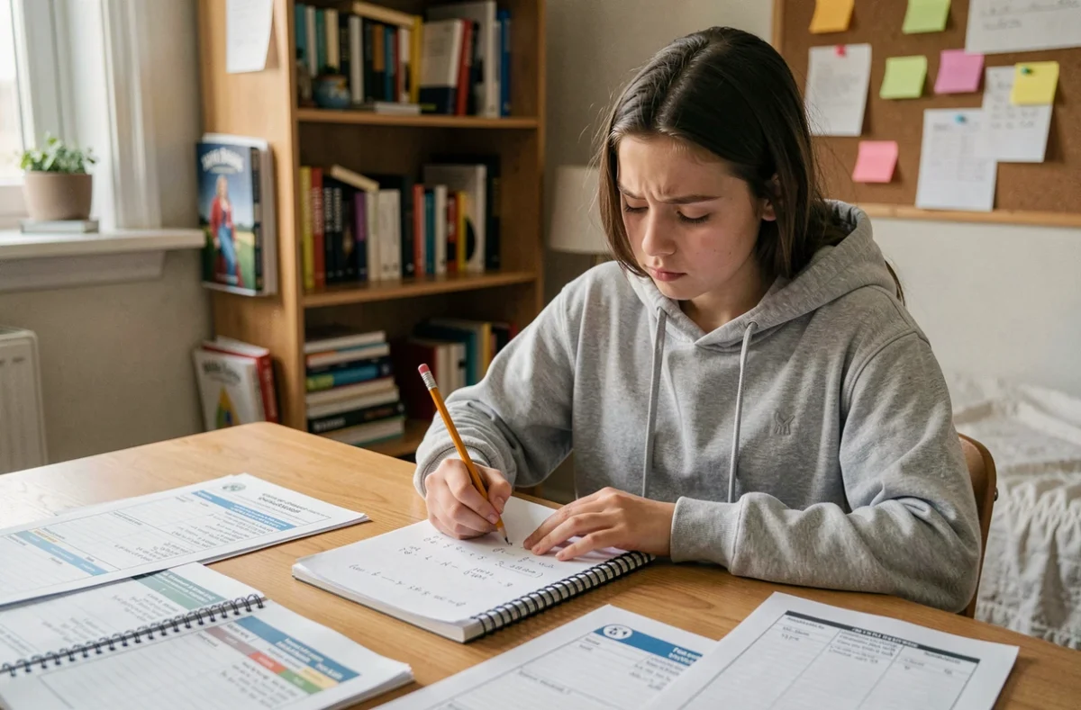 Lycéenne calculant sa moyenne avec coefficient sur un carnet scolaire posé sur un bureau en bois entouré de bulletins de notes