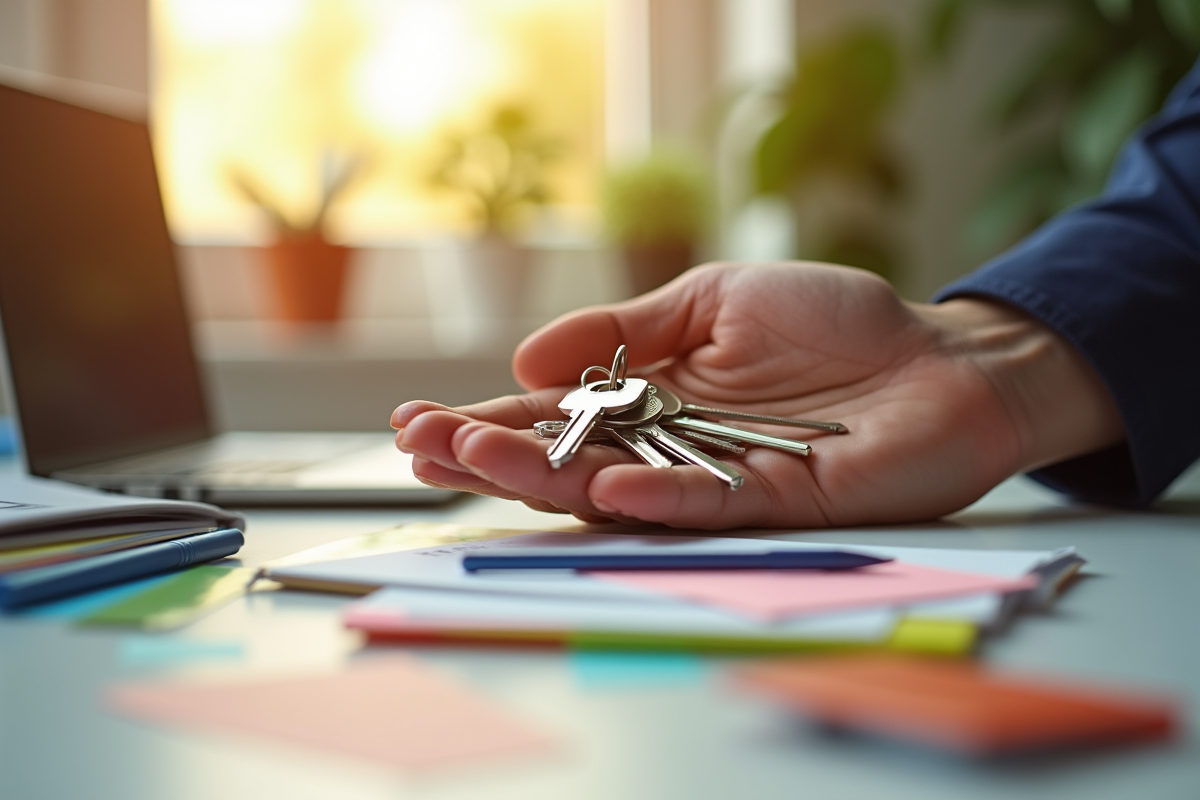 Main tenant des clés avec notes motivantes et fournitures