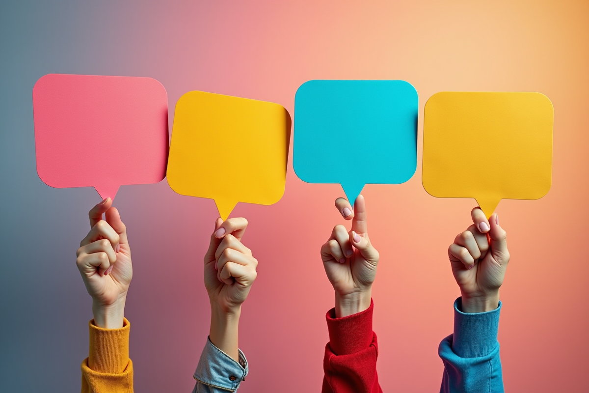 Mains tenant des bulles de dialogue communication verbale et non verbale