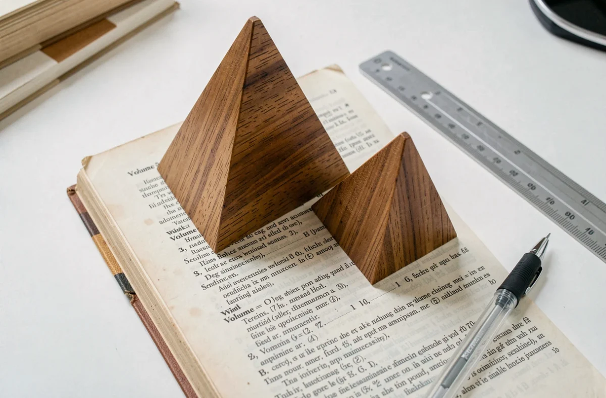 Maquettes en bois d'une pyramide à base triangulaire et d'un tétraèdre posées sur un bureau avec un manuel de mathématiques ouvert