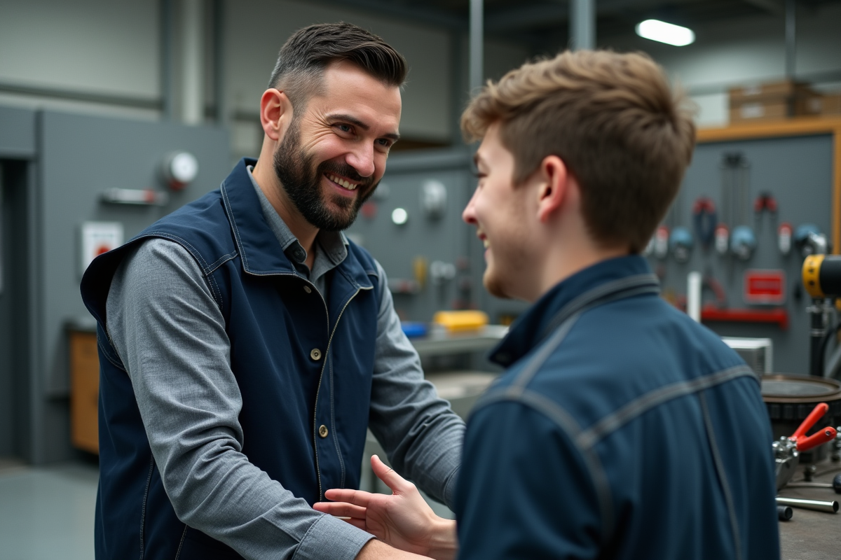 Mentor guide un adolescent dans un atelier technique