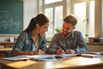 Mentor et étudiant discutant dans une salle lumineuse