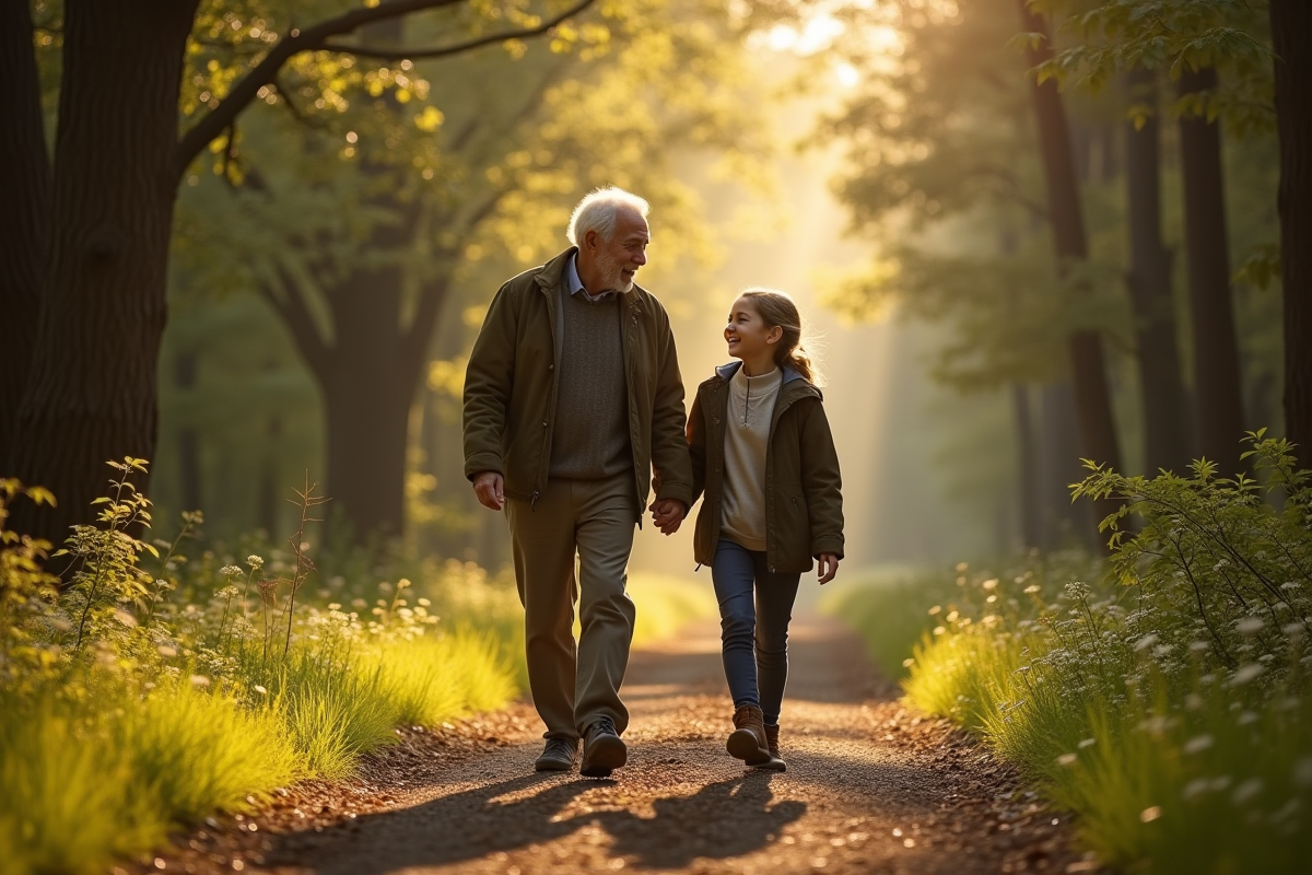 Mentor âgé guidant un jeune sur un sentier forestier en riant
