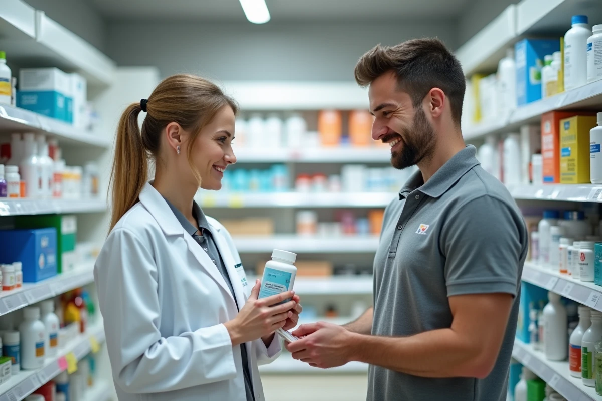 Scène de mentorat entre une parapharmacienne expérimentée et un nouveau collaborateur dans un rayon de parapharmacie moderne, illustrant l'intégration professionnelle sans expérience commerciale préalable