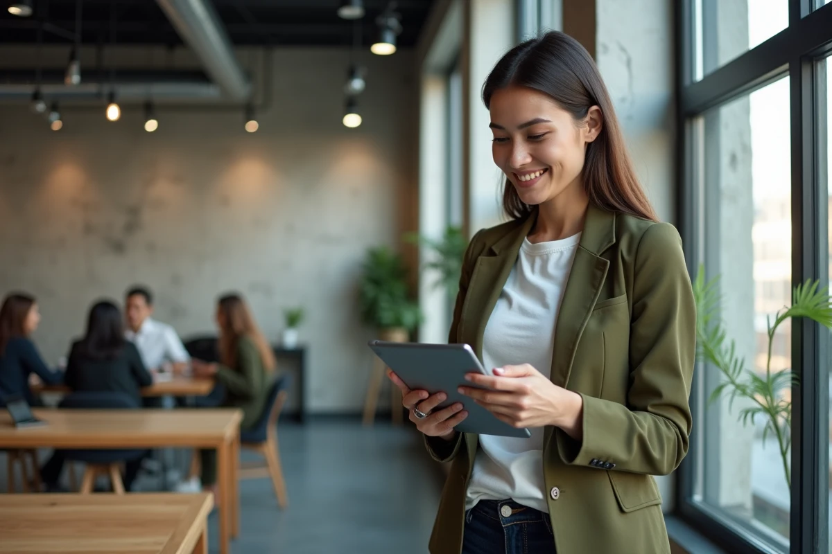 Mère active en reconversion professionnelle utilisant une tablette dans un espace de coworking pour se former au métier d'assistante digitale