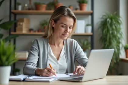 Mère en reconversion professionnelle travaillant comme assistante digitale à son bureau à domicile avec un ordinateur portable et un cahier de notes