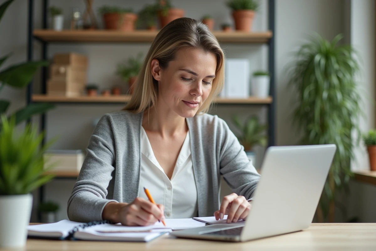 Mère en reconversion professionnelle travaillant comme assistante digitale à son bureau à domicile avec un ordinateur portable et un cahier de notes