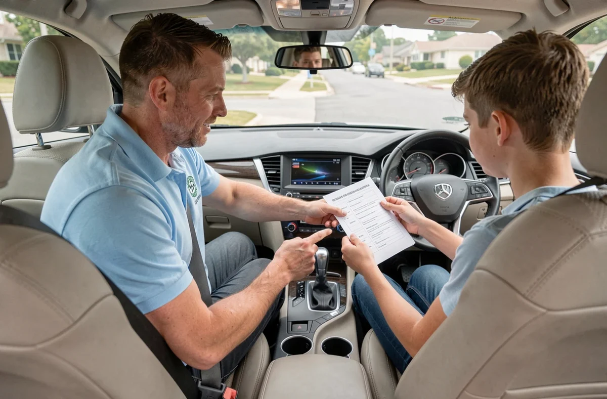 Moniteur d'auto-école expliquant une question du code de la route à un élève conducteur dans un véhicule école