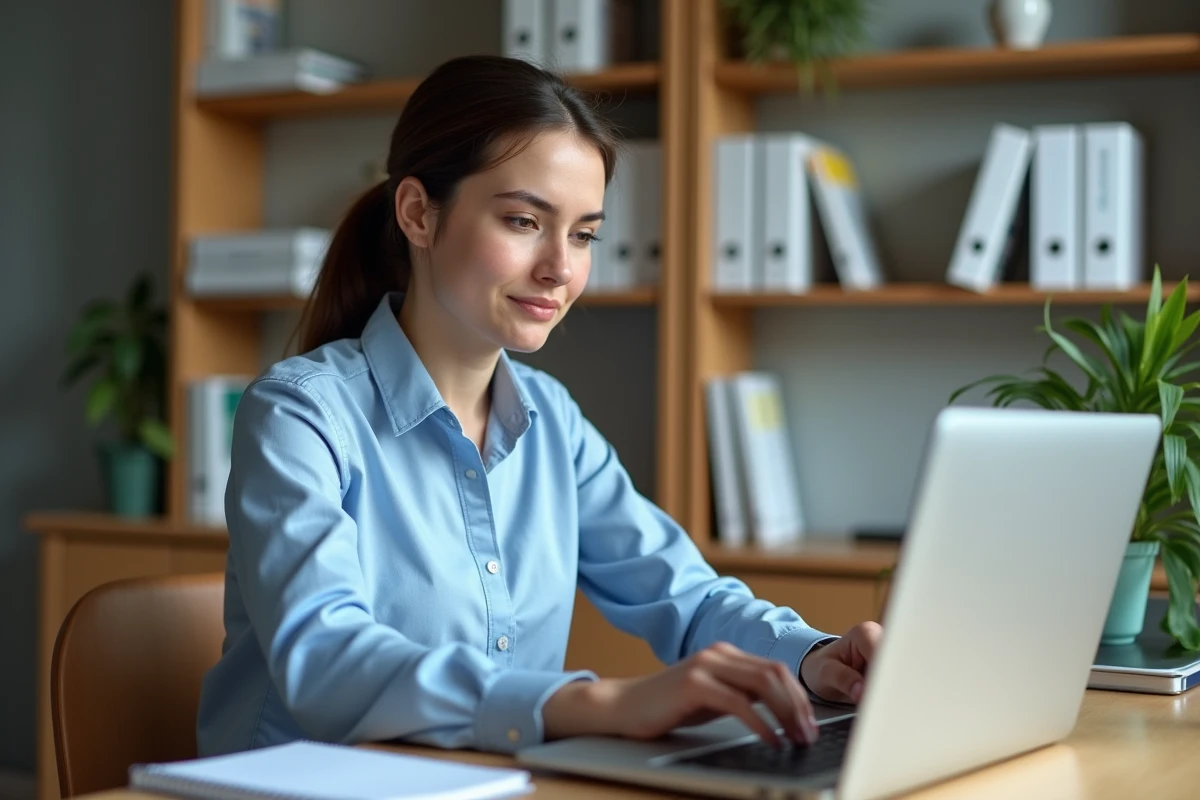 Jeune enseignante néo-titulaire consultant le portail IProf sur son ordinateur portable dans un bureau à domicile organisé