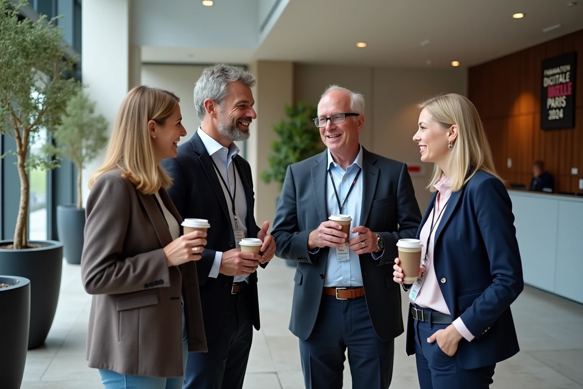 Pause networking lors d'une conférence professionnelle à Paris avec participants échangeant autour d'un café