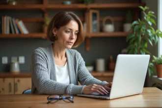 Mère suivant la scolarité de son enfant sur un tableau de bord scolaire en ligne via Moodle sur un ordinateur portable dans sa cuisine