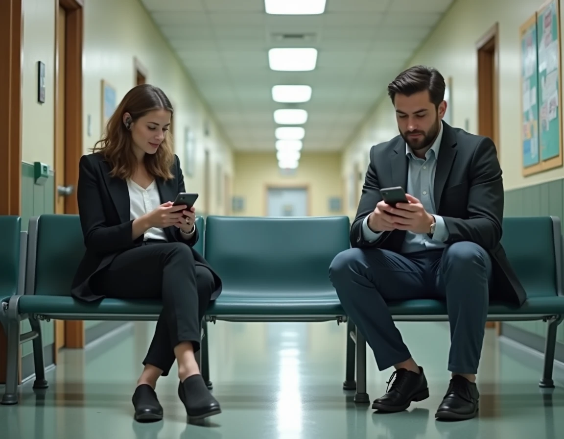 Parents séparés dans un couloir scolaire consultant chacun l'ENT sur leur téléphone en attendant un rendez-vous