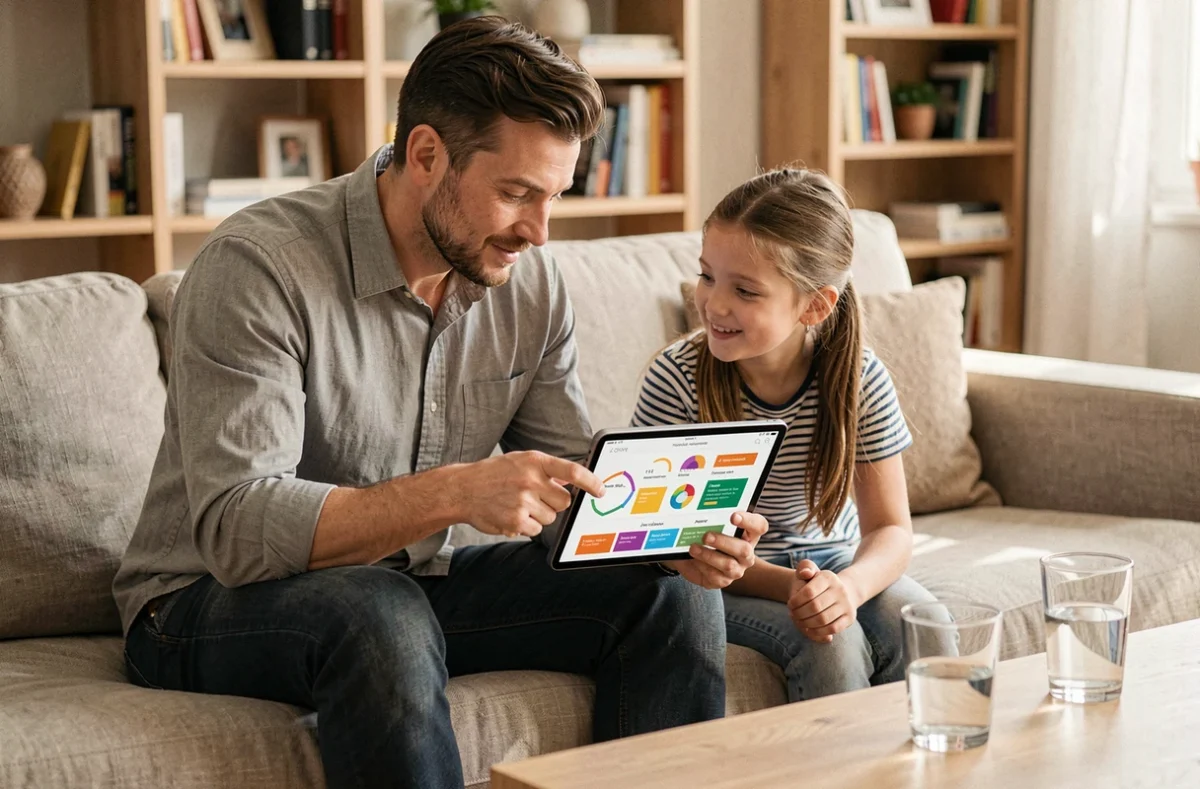 Père et fille consultant ensemble les résultats scolaires et les messages des professeurs sur une tablette numérique
