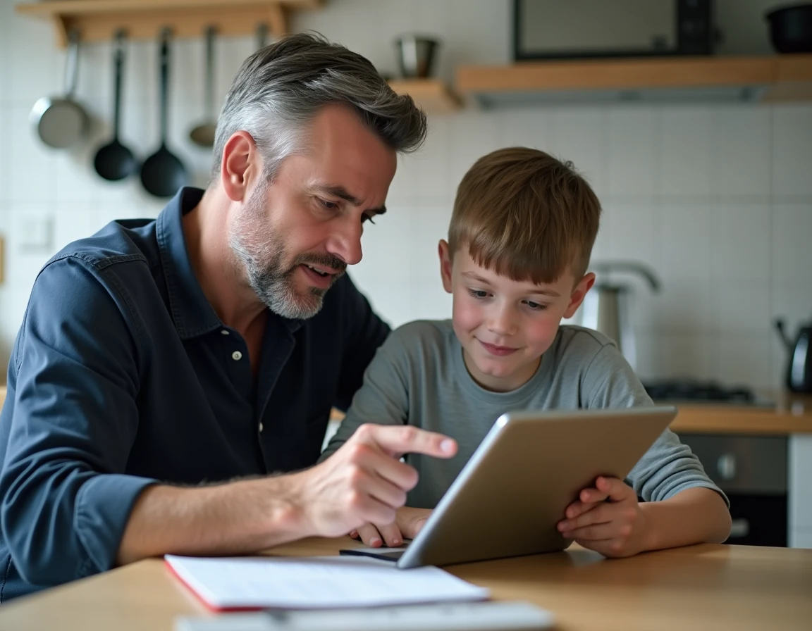 Père séparé aidant son adolescent à consulter l'ENT scolaire sur une tablette dans la cuisine familiale