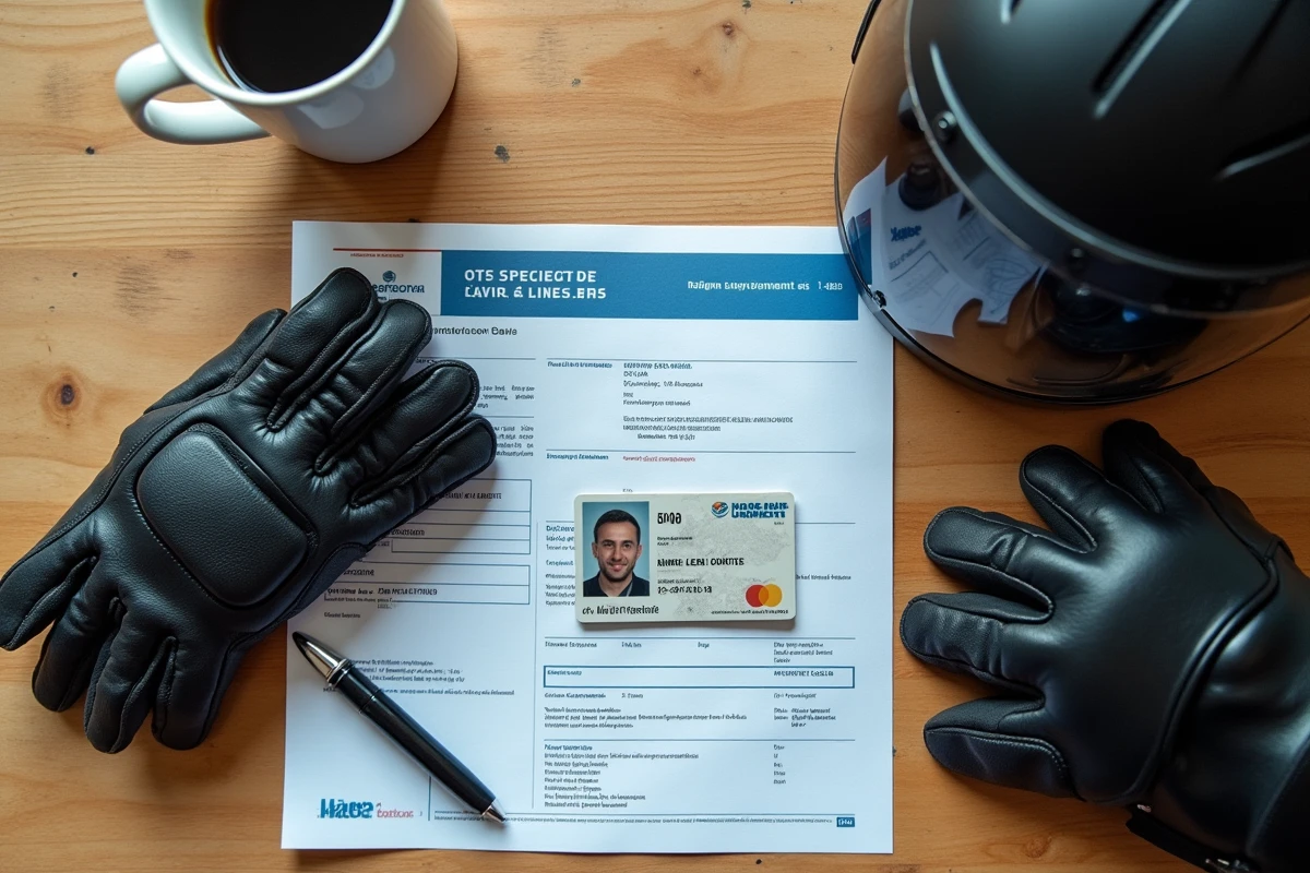 Vue de dessus du permis B, documents moto et équipements de conduite 125cc posés sur un bureau en bois