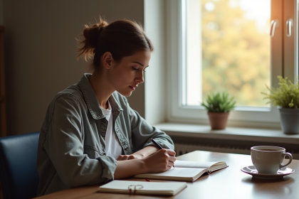 Personne assise à un bureau écrivant dans un journal avec lumière naturelle