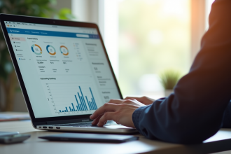 Professionnel utilisant un ordinateur avec l'application Isacompta