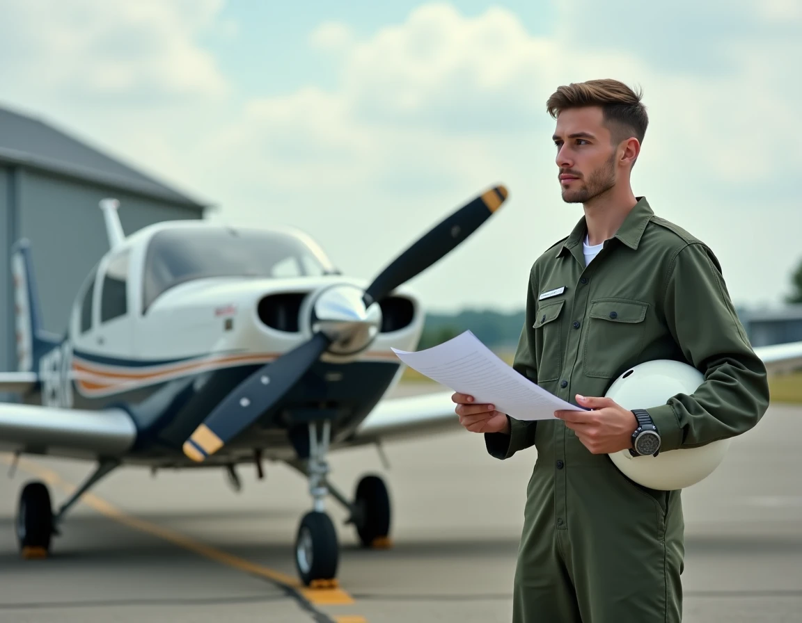 Jeune pilote en formation debout près d'un avion d'entraînement sur un aérodrome régional avec liste de contrôle en main