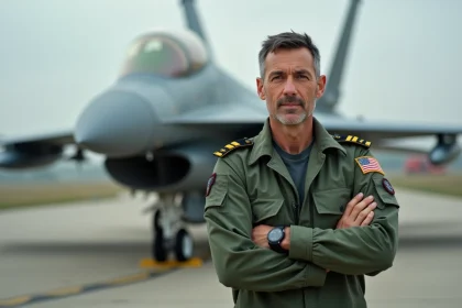 Pilote d'avion militaire en combinaison de vol devant un jet de chasse sur le tarmac d'une base a&eacute;rienne