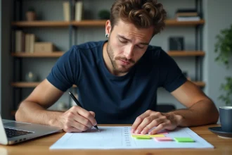 Jeune homme planifiant un programme d'entraînement de 30 jours aux tests psychotechniques sur un calendrier imprimé posé sur un bureau en bois