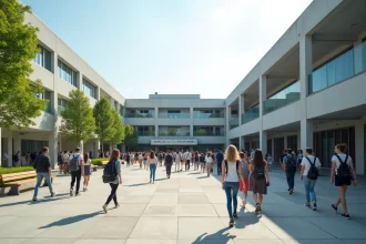 Vue extérieure du plus grand lycée de France avec une cour animée remplie d'élèves entre les cours