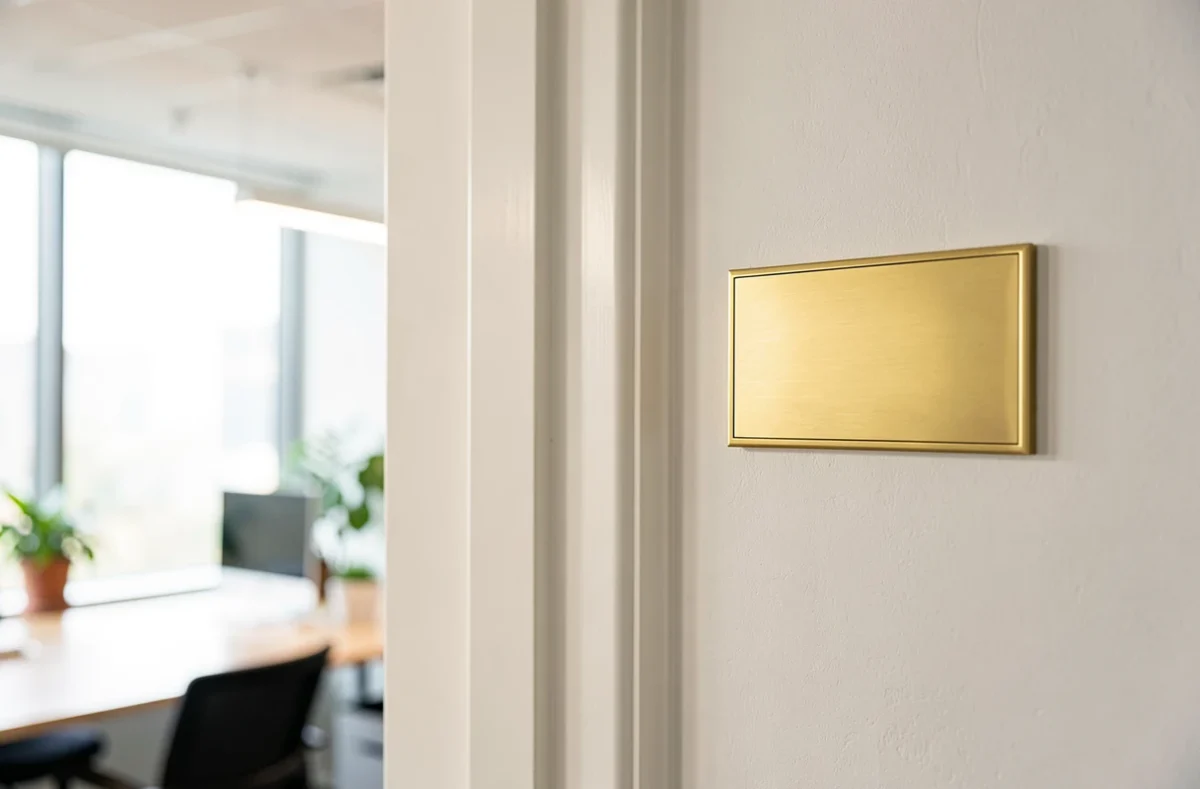 Porte de cabinet avec une plaque en laiton vierge à la lumière du matin