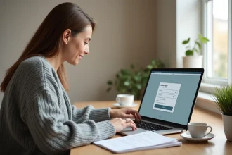 Femme d'âge moyen effectuant sa première connexion au portail NÉO Yvelines depuis son bureau à domicile
