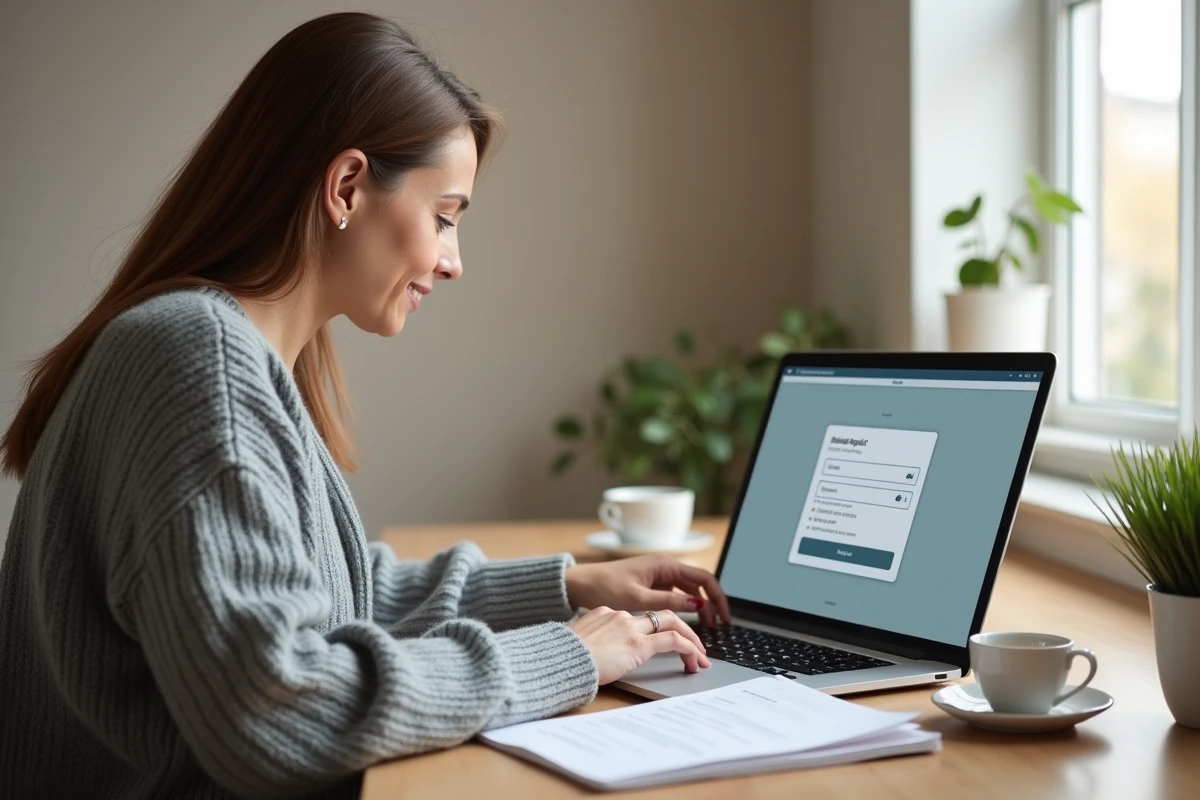 Femme d'âge moyen effectuant sa première connexion au portail NÉO Yvelines depuis son bureau à domicile