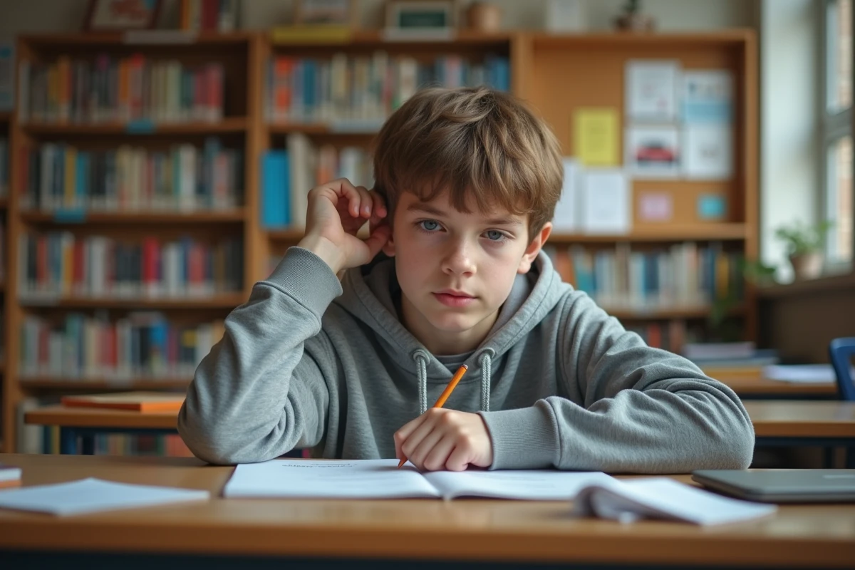 Adolescent préparant son discours de délégué dans une bibliothèque scolaire en révisant ses notes manuscrites