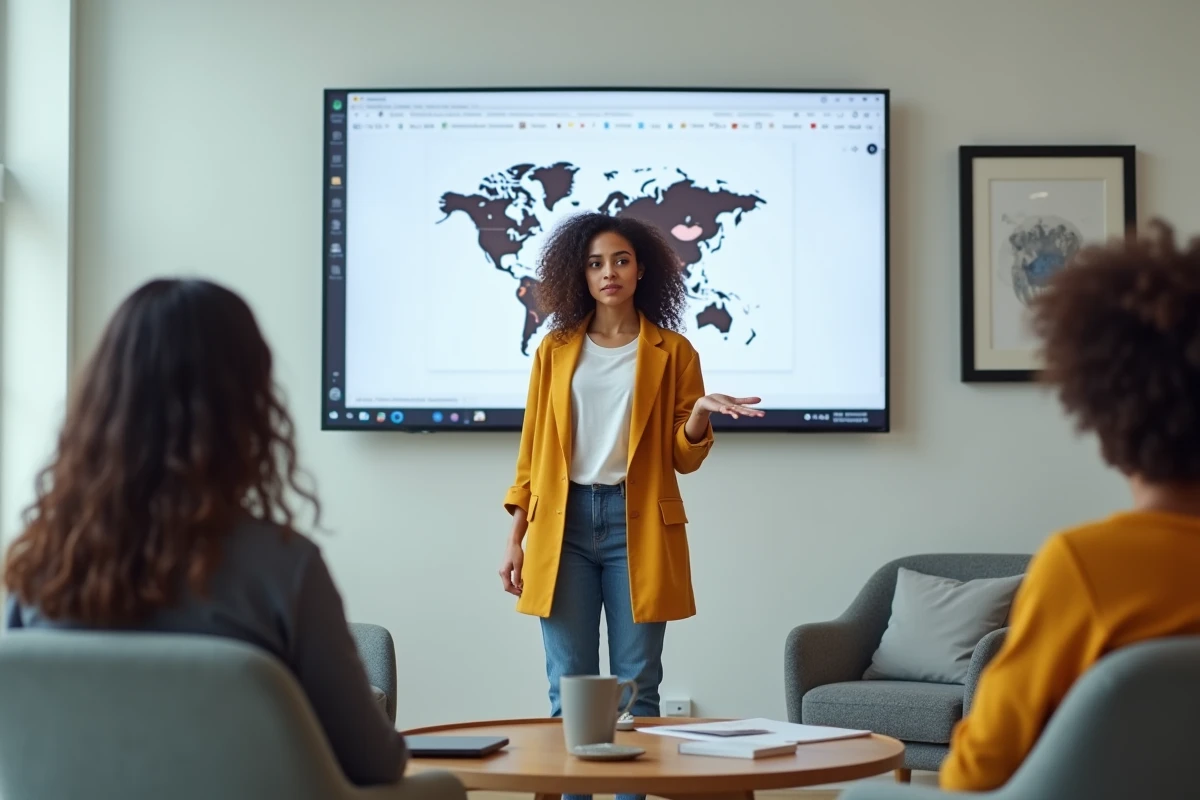Étudiante en design présentant son portfolio numérique à ses pairs dans un espace de networking moderne d'une école de design
