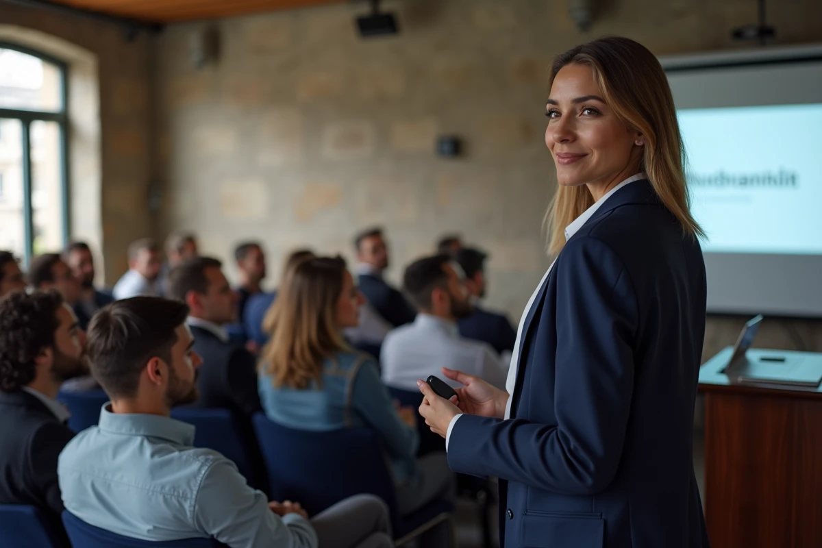 Femme présentant une conférence dans une salle de séminaire parisienne avec murs en pierre apparente