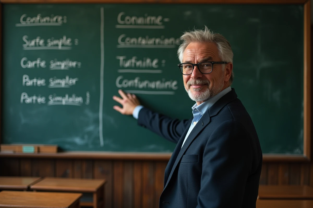 Professeur de français écrivant le tableau de conjugaison du verbe connaître au passé simple sur un tableau noir en salle de classe