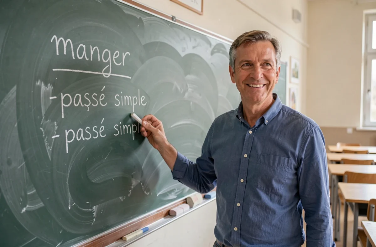 Professeur de français expliquant la conjugaison du passé simple du verbe manger devant un tableau noir dans une salle de classe