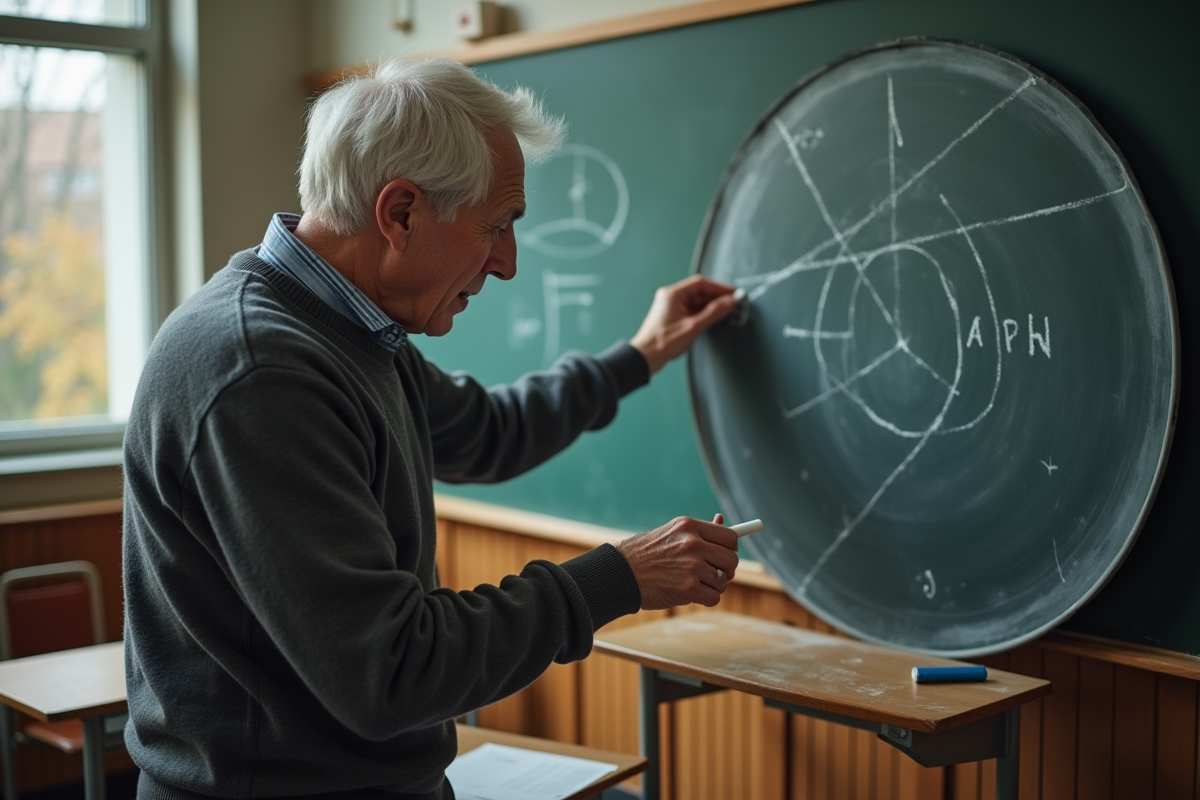 Professeur de physique dessinant un diagramme de rayon en classe