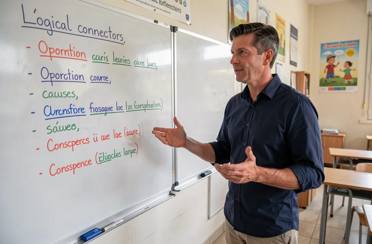 Professeur de français expliquant une liste de connecteurs logiques au tableau dans une salle de classe