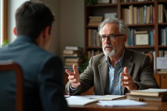 Professeur de psychologie en discussion animée avec un étudiant