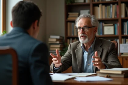 Professeur de psychologie en discussion animée avec un étudiant