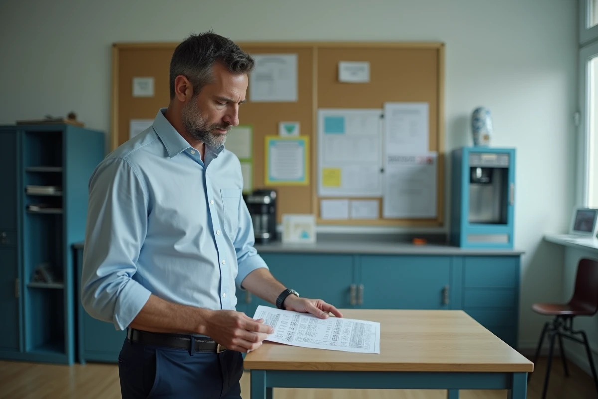Professeur en salle des maîtres analysant un tableau de salaire lié au Pacte enseignant