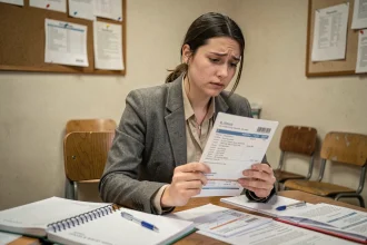Jeune professeure débutante tenant sa fiche de paie dans la salle des professeurs, air préoccupé