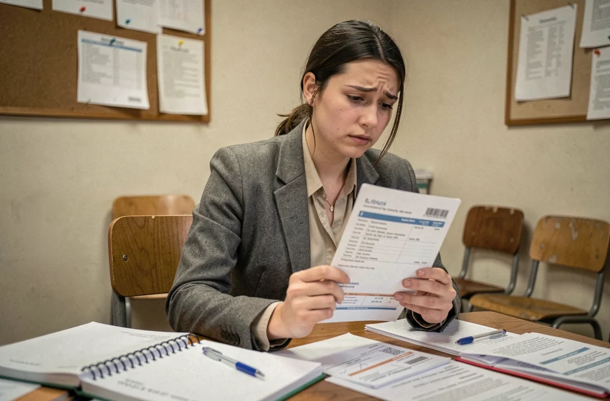 Jeune professeure débutante tenant sa fiche de paie dans la salle des professeurs, air préoccupé