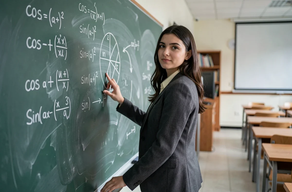 Professeure de mathématiques écrivant les formules d'addition trigonométriques cos cos sin sin au tableau dans une salle de classe