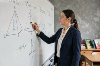 Professeure de mathématiques expliquant la différence entre une pyramide à base triangulaire et un tétraèdre au tableau blanc